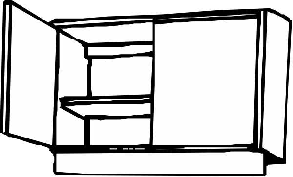 The black and white line drawing shows a simple kitchen scene with an open cabinet door revealing empty shelves inside it.