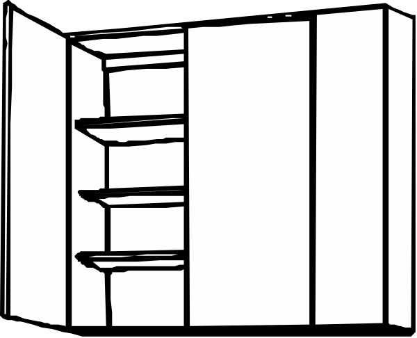 The black and white line drawing shows a simple kitchen cabinet with three shelves inside it against an unadorned background.
