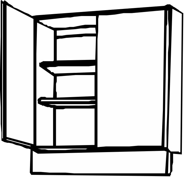 The black and white line drawing shows a simple refrigerator with two shelves inside it.