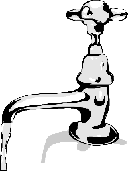 The black and white illustration shows a faucet with two handles on either side of it against a dark background.