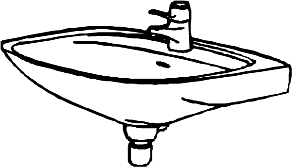 The black and white illustration shows two sinks side by side with a faucet between them on top of what appears to be a countertop in an indoor bathroom environment.