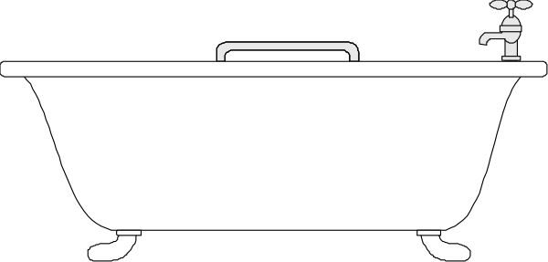 The black and white photo shows a bathtub with two faucets on either side of it against a gray background.