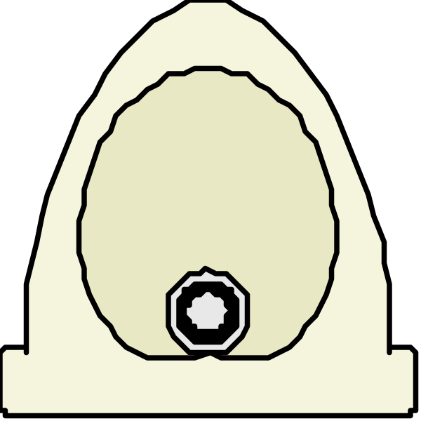 The image shows a black and white illustration of an object that resembles a toilet with its lid up against a dark background.