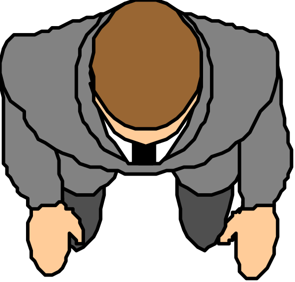 The image shows a cartoon of two figures: on top, there's an upright figure with its hands clasped together in front; below it is another figure bent forward at the waist as if bowing down to the first one. Both characters appear humanoid and have simple facial features like eyes and mouths but no detailed expressions or hair. The background of both figures is black, which contrasts sharply against their white outlines.