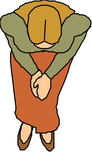 The image shows a cartoon of an animated character with blonde hair bowing downwards while holding their hands together as if in prayer or supplication.