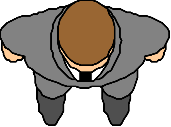 The image shows a man with his head down looking at something on the ground while standing next to another person who is also bending over in front of him; both individuals appear to be wearing suits and ties.