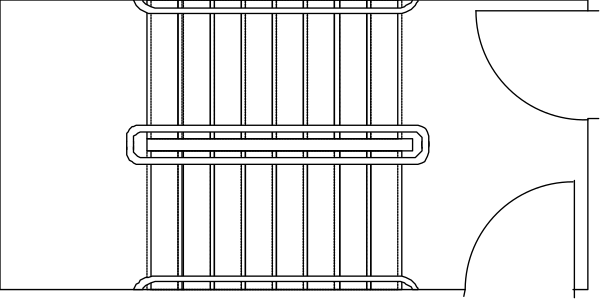 The image shows a simple black and white line drawing of two rectangles with lines connecting them to form an abstract representation that could be interpreted as furniture pieces like tables or shelves in a minimalistic interior design context.