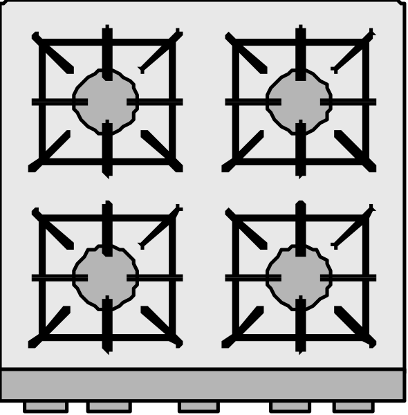 The image shows a black and white illustration of four stove burners with grates on top against an unadorned background.