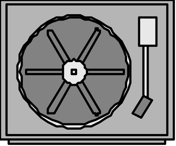 The image shows a simple black and white illustration of an old record player with two records on it placed next to each other in front of what appears to be a wall-mounted speaker system.