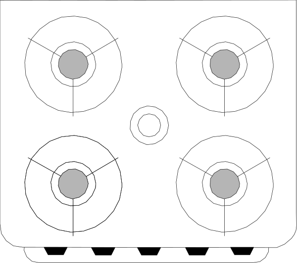 The black and white illustration shows a kitchen stove with four burners on top of it.