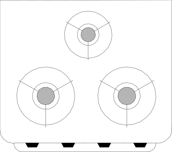 The image shows a black and white diagram of three stove burners with two eyes drawn on them to resemble faces.