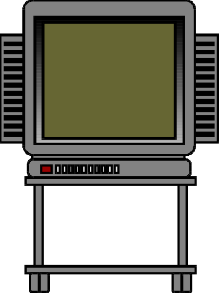 The image shows a pixelated representation of an old television set with buttons on its front panel placed next to what appears to be a small table in a dark room.