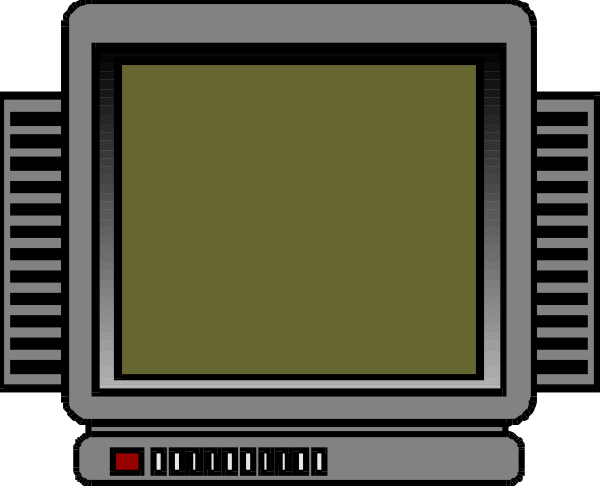 The image shows a pixelated representation of an old computer monitor with a beige screen inside what appears to be a retro-style electronic device resembling a VCR player from the 1980s, set against a gray background that suggests it's on display or in storage. There are no texts visible within this image. The style is reminiscent of early video game graphics with its pixelated and simplistic design. It does not depict any people, animals, actions, or specific setting beyond the electronic device itself.