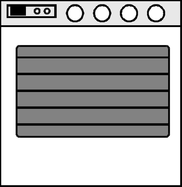 The image shows a simple line drawing of an oven with its door open inside what appears to be a kitchen appliance showroom.