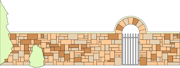 The image shows a brick wall with an arched window on top of it next to what appears to be a stone archway in front of a building that resembles a jail cell structure.