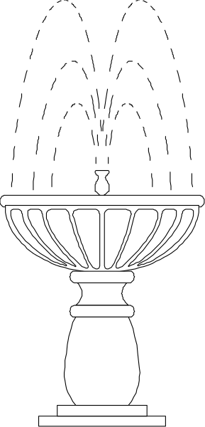 The black and white illustration shows a classical fountain with an urn at its base on top of what appears to be a pedestal in front of it against a dark background. There is no text present, so there's nothing that can be described as actions or setting beyond the objects depicted: one large vase-like structure and another smaller decorative piece beneath it. The image does not contain any people, animals, colors other than black and white, nor additional details to describe an action taking place within this scene.