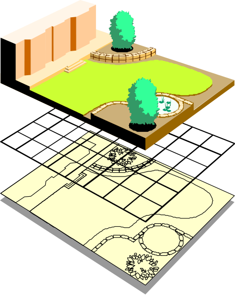 The image shows a top view of an outdoor scene with two distinct areas: on the left is a bird's-eye perspective of what appears to be a park area featuring trees, grassy lawns, and paths; while on the right side there is another section that seems like it could represent construction or planning for development. The image also includes architectural plans overlaid with lines indicating measurements and layout details in both sections.