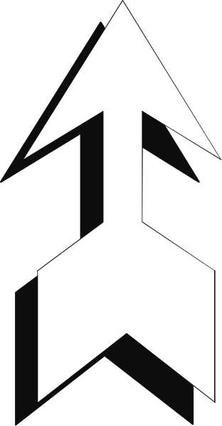 The image shows a black arrow pointing upwards on top of an abstract design that resembles two white shapes with jagged edges facing each other in what appears to be a stylized representation of water droplets, set against a dark background.