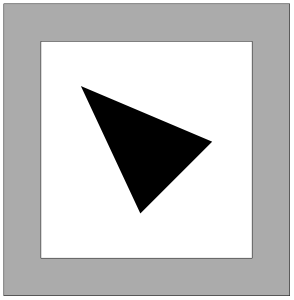 The image shows a simple black and white illustration of two arrows pointing at each other with an empty square between them in front view.