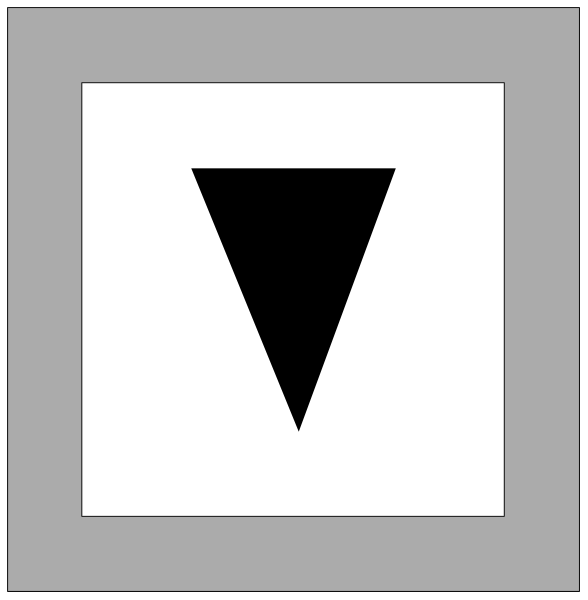 The image shows a black triangle on top of another white square with two smaller squares inside it against an off-white background in one corner.