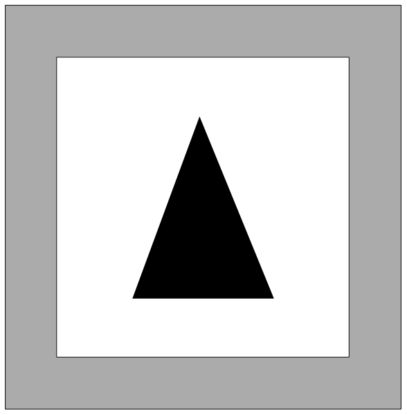 The image shows a black triangle on top of another white square with two smaller squares inside it against an off-white background in one corner; there is no text present within this small clip-art graphic.