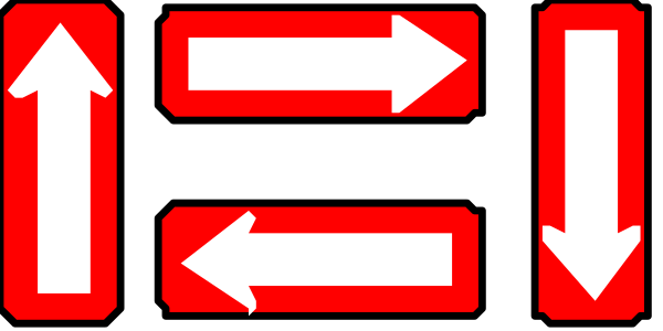 The image shows a pixelated red arrow pointing to an exit sign with two arrows indicating different directions of movement: left (12) and right (9).