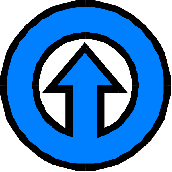 The image shows a blue circular icon with an arrow pointing upwards inside it on top of another circle that has two arrows forming a loop around each other in white color against a black background.