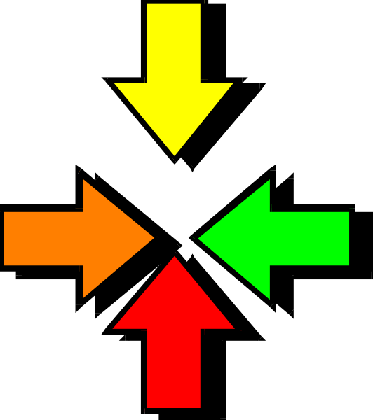 The image shows a black background with four colored arrows pointing to different directions: red upwards for "up", green leftward for "left", yellow rightward for "right," and blue downwards for "down."