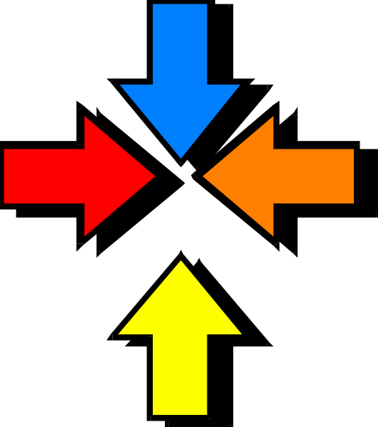 The image shows a stylized graphic with four arrows pointing to different directions: upwards (blue), downward (red), leftward (green) and rightward (yellow). There is also an arrow in black that appears to be connecting these colored arrows, suggesting some form of directional guidance or navigation. The background color seems dark grey, which contrasts with the bright colors of the arrows for emphasis.