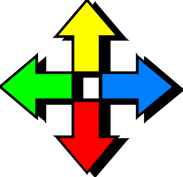 The image shows a black background with four arrows pointing to different directions: up (red), down (green), left (blue) and right (yellow).