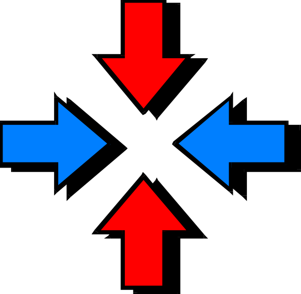 The image shows a black background with white arrows pointing upwards to form an arrowhead shape at its center; there is also one red downward-pointing arrow on top of this central design.