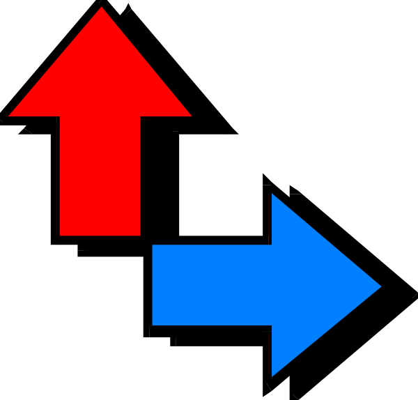 The image shows a simple graphic with three arrows pointing to each other: two red ones on either side of an arrow that is blue in color.
