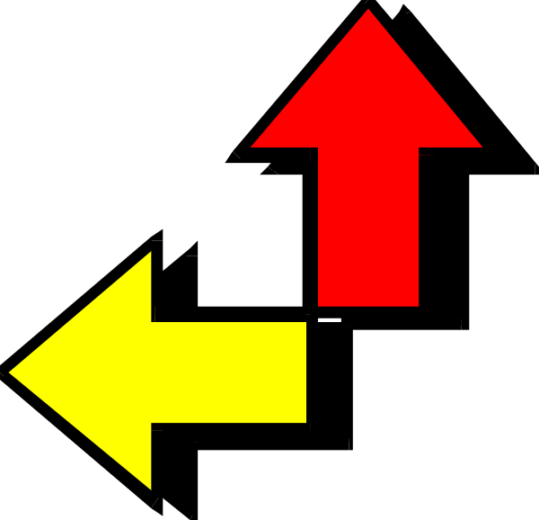 The image shows a black arrow pointing upwards with two red arrows on either side of it forming an 'X' shape against a white background.