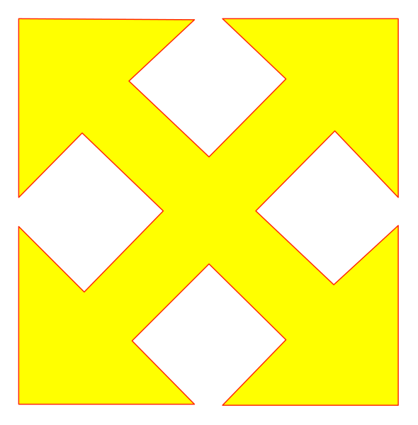The image shows a black diamond pattern with yellow squares inside it against a white background on top of another similar design that is upside down in color reversal mode (black diamonds overlaid by red rectangles).