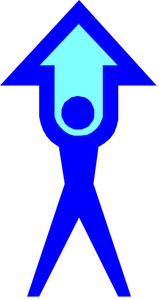 The image shows a blue arrow pointing upwards with an icon of a person standing next to it on its right side.