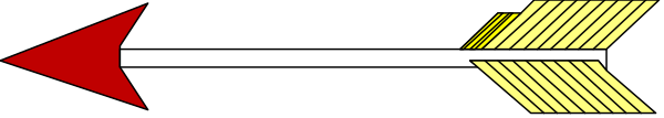 The image shows a black arrow pointing to an orange dot with two white lines on either side of it against a gray background.