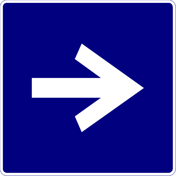 The image shows a blue sign with an arrow pointing to its right side indicating directionality.