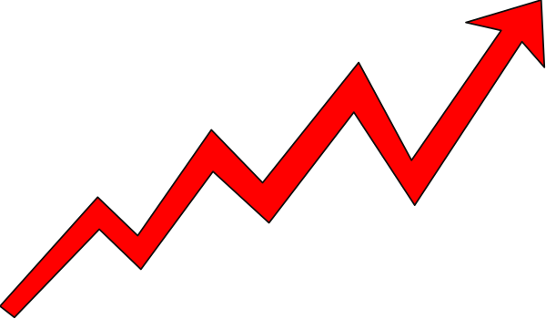 The image shows a red upward trending arrow graphic with two horizontal lines on either side of it against a black background.