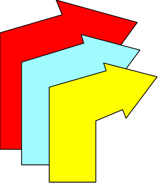 The image shows a stylized graphic with three arrows pointing upwards from different angles: red to the left at 45 degrees, blue straight ahead in front of us, and yellow slightly curved downward on the right side. There is no text or additional elements present within this clip-art style illustration. The background appears plain black without any discernible features that would provide context for a setting. This image seems to be designed as an abstract representation rather than depicting specific objects, people, animals, actions, and settings in the real world.