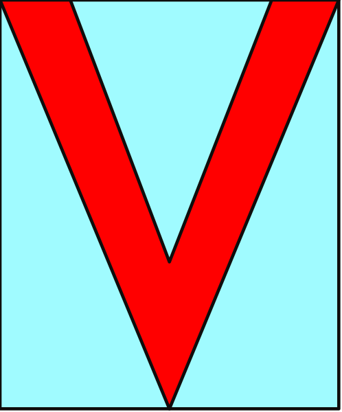 The image shows a red capital letter "V" on top of another object that appears to be blue with some white lines around it; both items seem to have been digitally altered for an effect similar to stickers placed over each other, creating a layered appearance against a gray background.