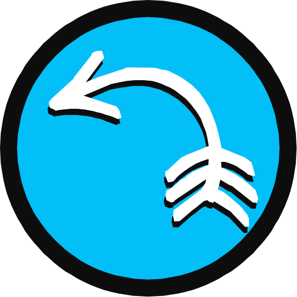 The image shows a blue circular icon with an arrow pointing to its right side indicating directionality; within this circle is another smaller white circle containing two arrows forming a loop around each other in front of what appears to be a stylized tree branch, suggesting some form of navigation or guidance system related to nature.