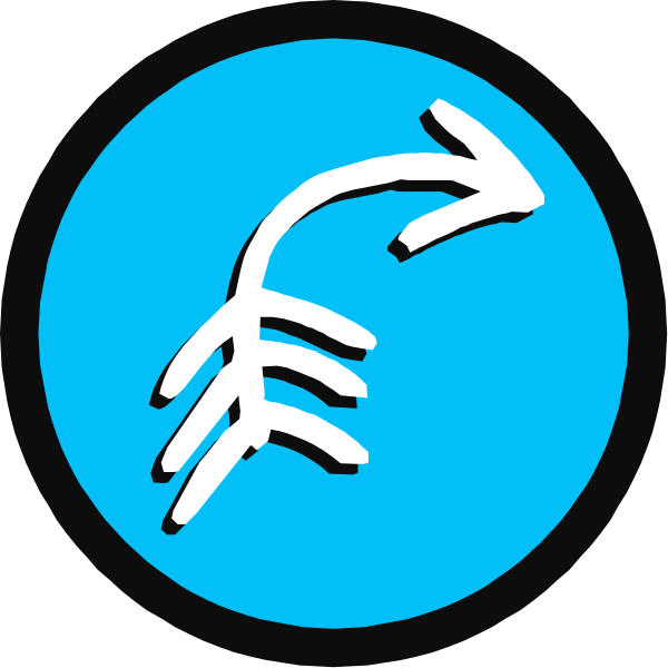 The image shows a blue circle with an arrow pointing upwards inside it on its left side, indicating directionality; to the right of this is another smaller circular icon featuring what appears to be a stylized hand gesture that could represent "OK" or peace sign in white coloring against a black background.