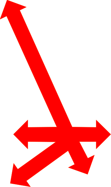 The image shows a red arrow pointing to an upside down cross with four arrows emanating from it; all other elements in this small clip-art image appear blurred out due to low resolution.