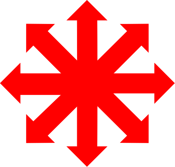 The image shows a red compass rose with eight cardinal directions indicated by arrows pointing to each point on its circumference against a black background.
