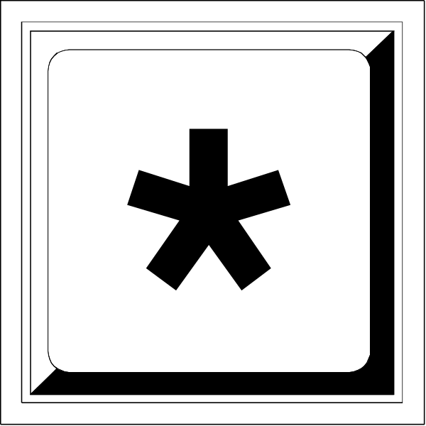 The black and white illustration shows a lock icon with an asterisk inside it on top of what appears to be a square button in a larger rectangle frame within another rectangular border that has rounded corners at each corner, suggesting some sort of interface element like a control or command panel component from software design.
