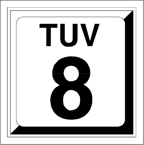 The image shows a black and white sign with text that reads "TU 8" inside of it. There is also an additional number eight on top right corner outside of this square frame. This suggests there might be two different numbers, but without more context or information about what TU stands for (which could imply time units), the exact meaning remains unclear from just looking at the image alone.