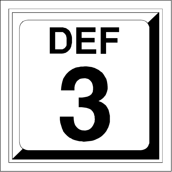 The image shows a black and white sign with text that reads "DEF 3" inside of it. There is also an arrow pointing to number three on the sign. This suggests that this could be part of some sort of instructional material, possibly related to parking or vehicle identification numbers (VINs). However, without additional context, I cannot provide more specific details about what exactly "DEF 3" refers to in this image. The style is simple and graphic with a clear focus on the sign itself rather than any surrounding environment or objects that might be present but not depicted here. There are