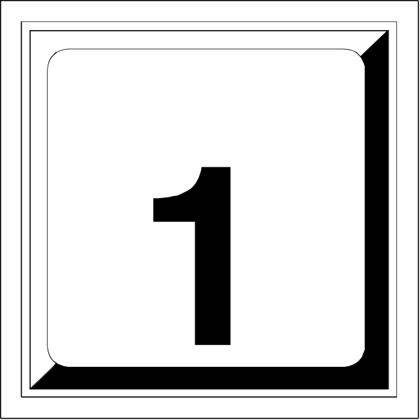 The image shows a simple black and white illustration of an icon with number 1 inside it on top left corner against plain background. There is no other object in this clip-art image to name or count, as there's only one item present which appears to be a button or switch labeled '1'. No actions are depicted; the setting seems minimalistic and abstract without any context provided by additional elements within the frame of reference for an iconographic representation.