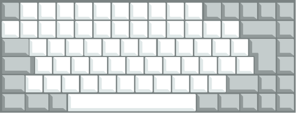 The image shows a computer keyboard with white keys on top of a gray surface against an off-white background.