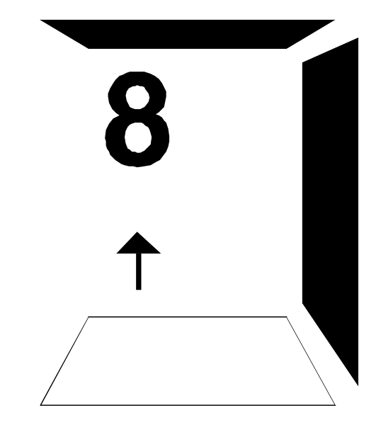 The image shows a black arrow pointing to an empty parking space with number 8 on it against a white background. There is no other object in this clip-art illustration. It's simple yet clear, focusing solely on conveying that there is one available spot for eight people or vehicles at the location indicated by the sign and arrow. The setting appears to be an empty parking lot with clearly marked spaces.